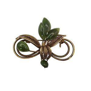 VTG Art Deco Jewelry Gold Plated Jade Jewel Infinity Knot Floral Pinback Brooch